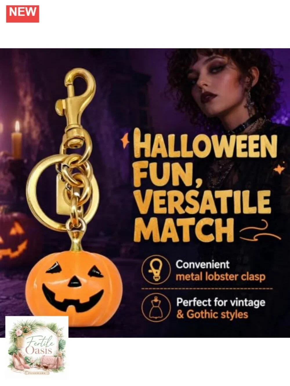 Cute Pumpkin Charm Keychain, Resin & Zinc, Gold Lobster Clasp, Halloween Purse